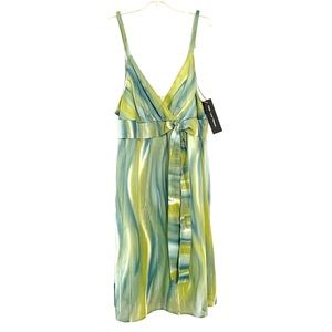 Faith Passion Mini Dress In Shades Of Lime Green and Teal Vertical Wavy Stripes